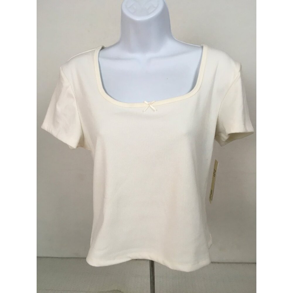 No Boundaries Tee Top Women Size XL Ivory Square Neck Short Sleeves Cropped New
